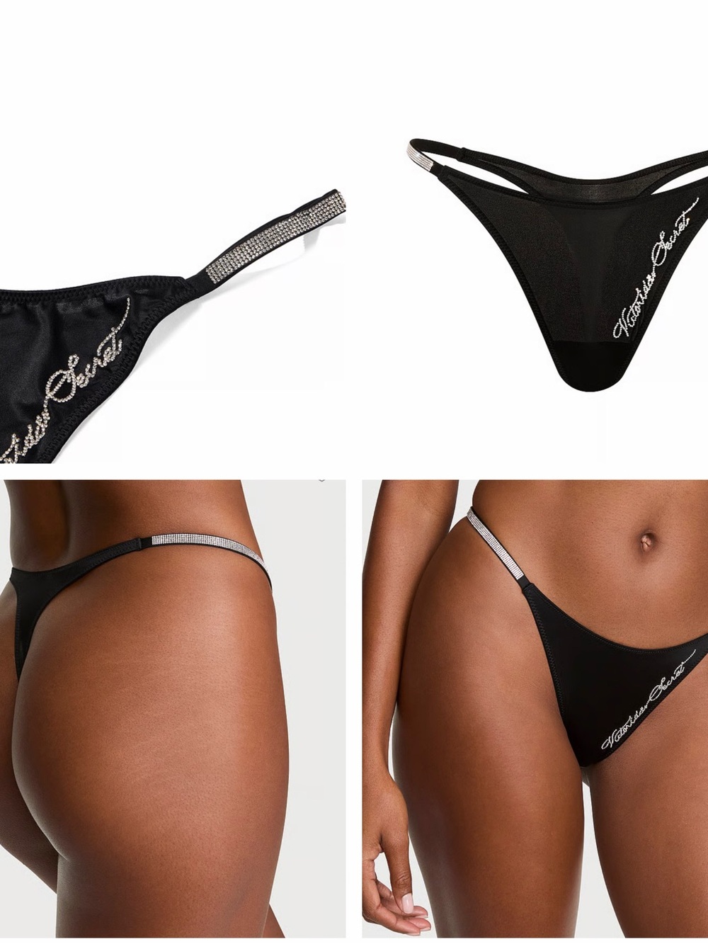 Embellished Black Rhinestone Strap Thong